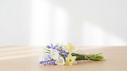 Spring flower bouquet on wooden table. Bouquet with crocus and daffodil in soft light, bouquet design for Mothers Day gift, Womens Day greeting, Easter spring sale banner copy space