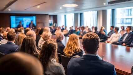 Professional business conference presentation engaging corporate audience in modern seminar hall, showcasing leadership, strategy, and teamwork for industry success experience.