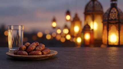 Dates and lanterns at iftar table. Dates with water glass and glowing lantern bokeh for Ramadan night, dates for fasting break, Eid greeting background with copy space, cozy mood, soft light