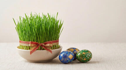 Traditional nowruz semeni decorative painted eggs sits on linen table fresh nowruz semeni symbolizes spring rebirth while beautiful nowruz semeni creates festive atmosphere for holiday celebration