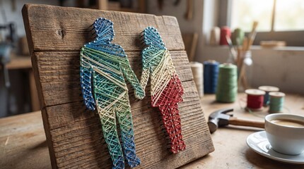 Handmade string art couple holding hands stands on wooden board in creative workshop; unique string art couple features colorful threads while rustic string art couple symbolizes unity and love
