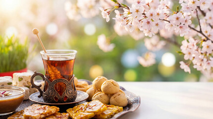 Traditional spring tea with sweets served under blooming cherry tree; warm spring tea atmosphere features delicious cookies and green sprouts while spring tea represents renewal and peace