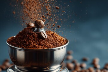 Coffee grinder releasing ground coffee into a metal container.