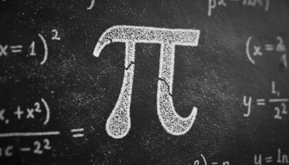 Mathematical constant Pi is drawn in chalk on a dark blackboard, surrounded by various algebraic and logarithmic equations and formulas