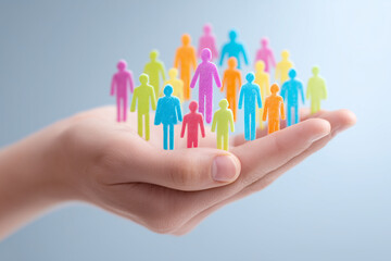 Colorful human icons standing on an open hand.
