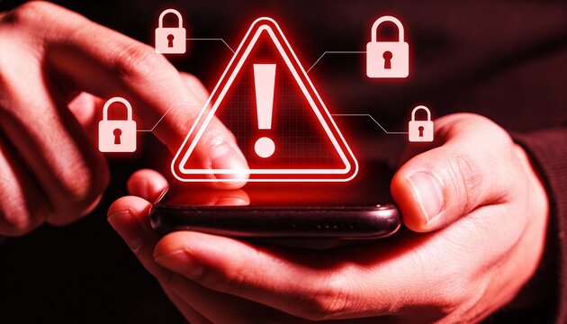 Hands Holding Smartphone with Glowing Red Warning Triangles and Padlock. Cyber Security Alert, Phishing Attack and Malware Virus Concept. Mobile Data Breach and Hacking Risk Background.