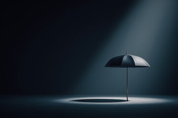 Single umbrella standing under a focused spotlight in a dark space.