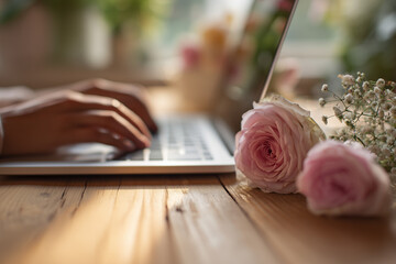 Hands typing on a laptop with pink roses on a wooden desk.