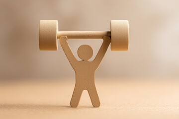 Wooden human figure lifting a heavy barbell.