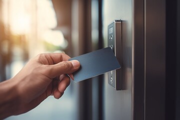 Hand holding access card near an electronic door reader.