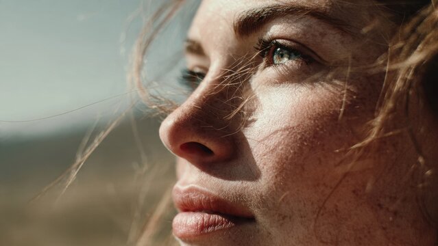 Close up portrait of woman with freckles
