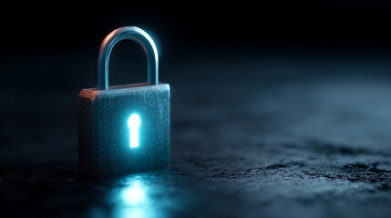 Fototapeta premium Lock with a blue light shining in a dark setting