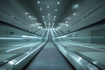 Empty modern moving walkway inside a large transportation building.