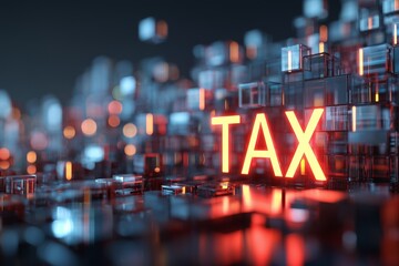 Glowing TAX text surrounded by abstract digital blocks.