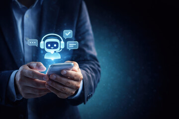 A professional man in a blazer interacts with a smartphone, featuring a virtual assistant icon. The image captures the essence of modern technology and communication.