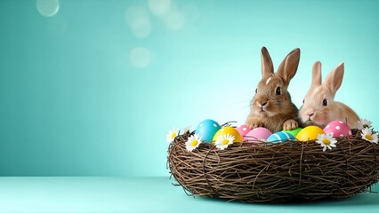 Two adorable rabbits nestled in a woven nest filled with colorful Easter eggs and daisies, creating a joyful springtime atmosphere with copy space for text