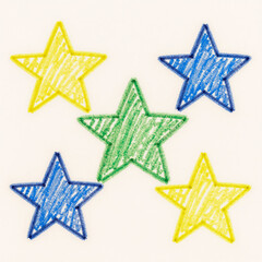 Fototapeta premium Hand-drawn Christmas crayon stars with a cute yellow outline and chalk texture, in a cozy childlike style suitable for holiday cards or winter decorations