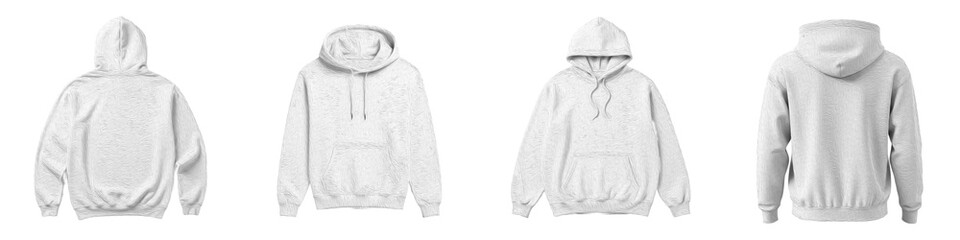 white hoodie mockup, front and back view, blank sweatshirt template, hooded pullover set, fleece apparel, isolated on white background, clothing design display © Dubbb