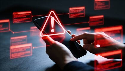 Hands Holding Smartphone with Glowing Red Warning Triangle and Security Alert Popups. Mobile Cyber Attack, Malware Virus Infection and Hacking Concept. Digital Data Breach Danger Illustration.