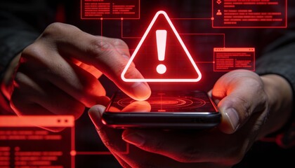 Hands Holding Smartphone with Glowing Red Warning Triangle and Security Alert Popups. Mobile Cyber Attack, Malware Virus Infection and Hacking Concept. Digital Data Breach Danger Illustration.