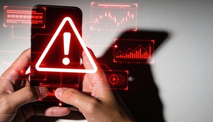 Hands Holding Smartphone with Glowing Red Warning Triangle and Security Alert Popups. Mobile Cyber Attack, Malware Virus Infection and Hacking Concept. Digital Data Breach Danger Illustration.