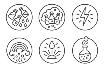 Magical Forecast Icons. Line style circular vector icons of magical forecast: bottles raining color drops, cloud of potions,
