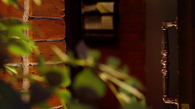 Close-up of a vintage brass door handle on a dark wooden entrance beside a textured brick wall, framed by soft out-of-focus green leaves in warm evening light with shallow depth of field and subtle