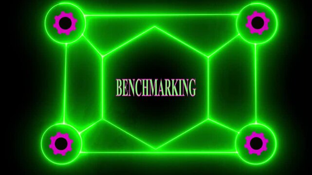 benchmarking data visualization with finance and goal symbols. modern technology hud showing benchmark process. strategic benchmarking and analysis network dashboard.