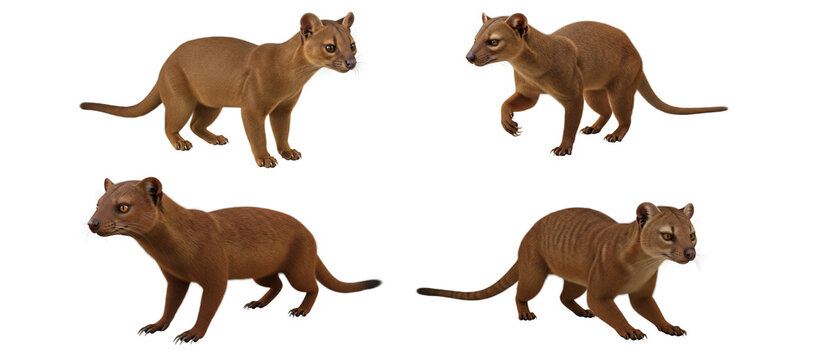 Collection of Fossa Cryptoprocta ferox in various poses isolated on a white background.