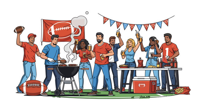 Group of diverse friends enjoying a tailgate party before a football game with bbq grill and drinks