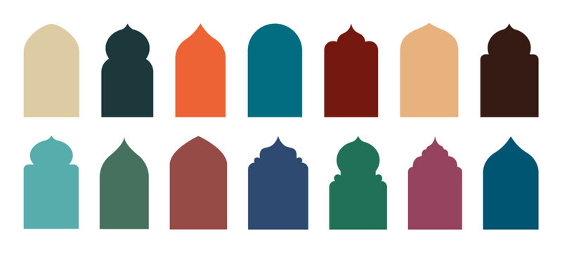 Old mosque window shapes in oriental style vector set. traditional Islamic door architecture geometric border design elements, flat Arabic arch silhouette frames. Vector illustration.