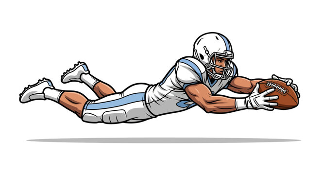 Football receiver diving forward to catch ball in spectacular endzone touchdown attempt