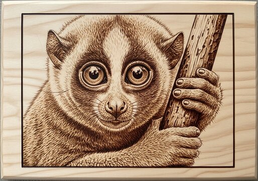 Detailed pyrography portrait of cute slow loris holding branch on natural wooden board texture
