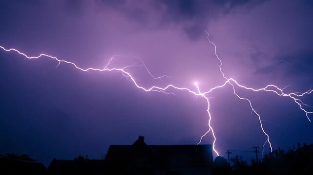 Lightning illuminates the dark sky with a dramatic flash over a house and trees at dusk from a low angle viewpoint