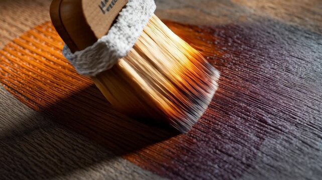 Wood stain brush application on wooden surface close up showing rich texture grain color coating finish natural wood grain detail