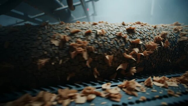 Industrial wood log with bark processed by heavy machinery chipper and sawmill cutting wood producing chips and sawdust in factory environment