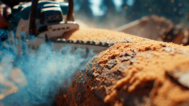 Chainsaw cutting log producing sawdust and smoke during outdoor forestry wood cutting work in natural forest environment