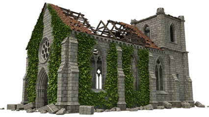 Ruined stone church with green ivy and missing roof isolated on a transparent background