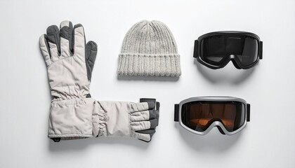 Skiing gear including goggles, gloves, and hat arranged neatly on a white surface viewed from above.