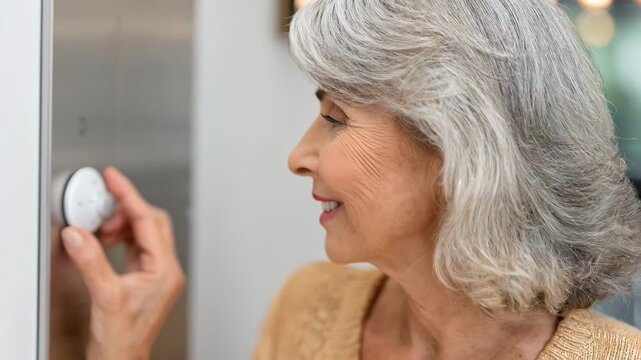 Medium shot of an elderly woman operating a home elevator emphasizing ease and comfort in navigating multilevel living spaces.