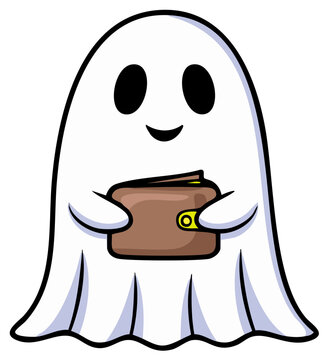 Cute Ghost Character Holding a Brown Wallet with Happy Expression