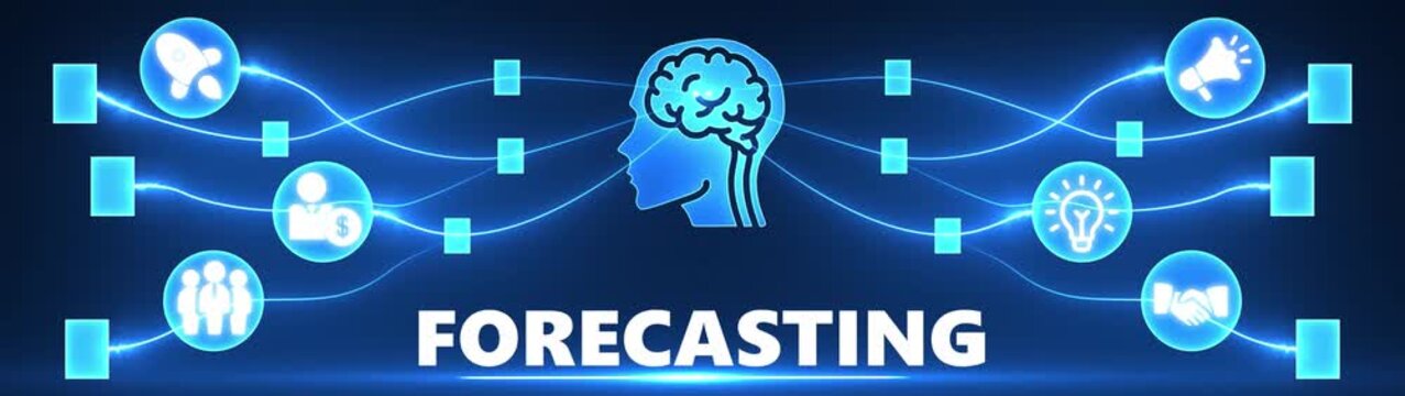 Futuristic Blue Digital Network Connecting Icons to a Human Brain with the Word Forecasting prediction