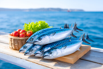 Fresh mackerel and tomatoes by the sea on wooden board for cooking inspiration