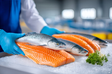 Fresh salmon selection on ice displayed by fishmonger in market setting