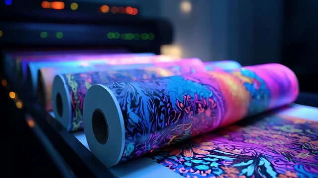 Medium shot of vibrant UVcoated print surfaces glowing under blacklight emphasizing striking luminosity and modern finishing effects in promotional materials.