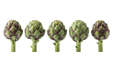 Obraz premium Five whole, raw artichokes with vibrant green and deep purple leaves, thick stems, arranged in a straight line on a transparent background with copy space, concept of fresh organic produce