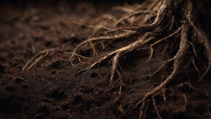 Fototapeta premium Roots in rich soil, close-up