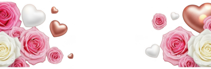 Valentine Elegant border of pink and white roses with hearts on transparent background