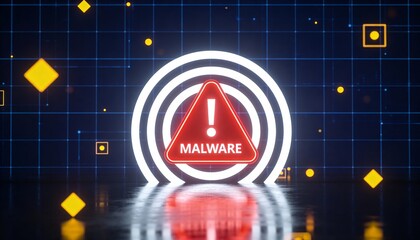 Red Malware Warning Sign with Exclamation Mark. Glowing White Neon Tunnel Background with Yellow Shapes. Cyber Security Alert, Virus Attack and Digital Hacker Threat Concept 3D Illustration.