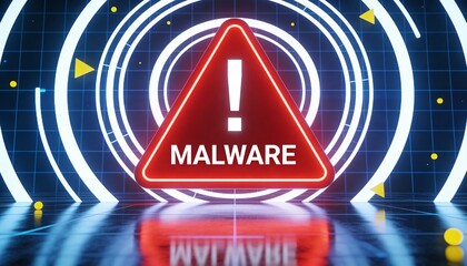 Red Malware Warning Sign with Exclamation Mark. Glowing White Neon Tunnel Background with Yellow Shapes. Cyber Security Alert, Virus Attack and Digital Hacker Threat Concept 3D Illustration.